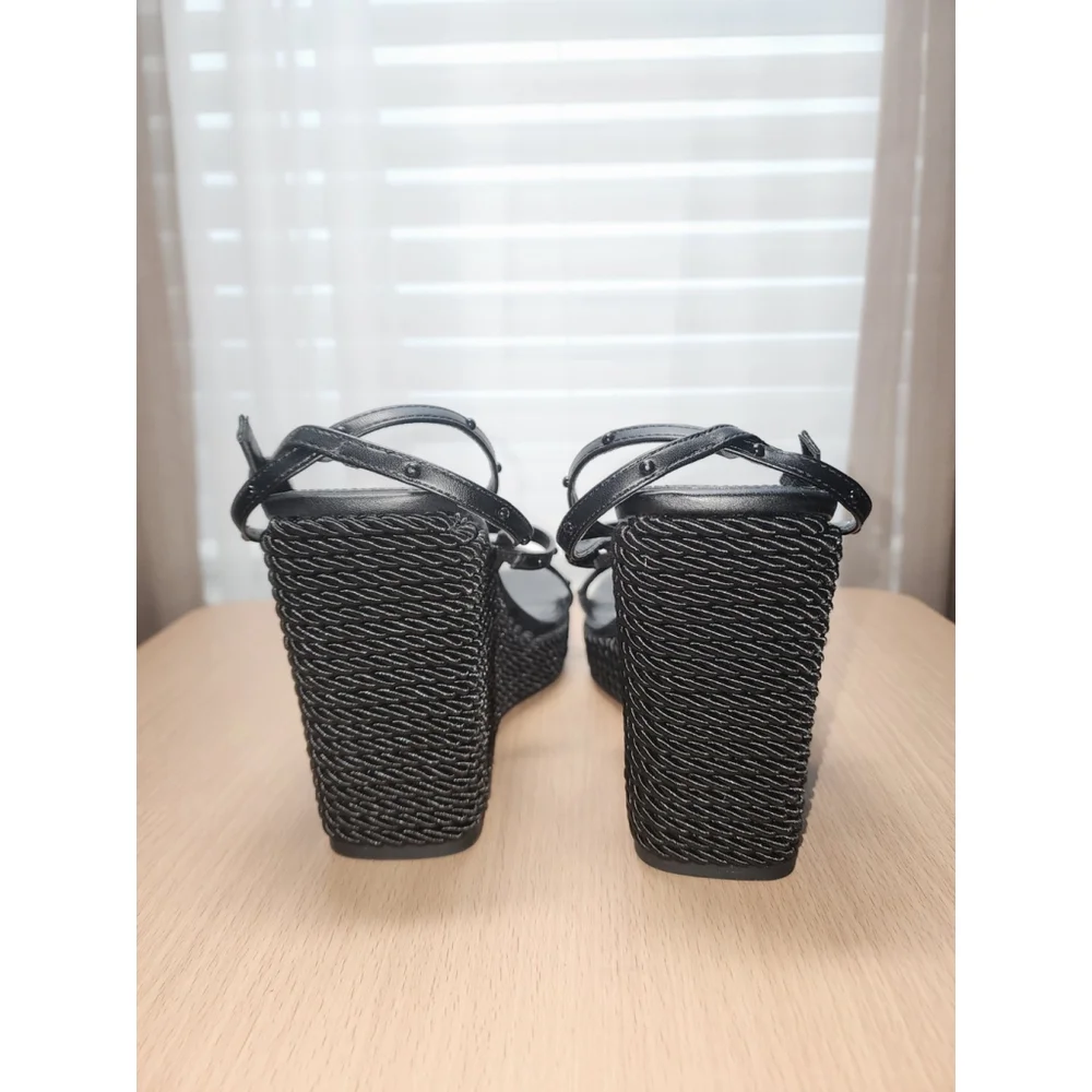 Marc Fisher Faux Leather Studded Espadrille Wrapped Rope Platform 9.5 M BLACK
